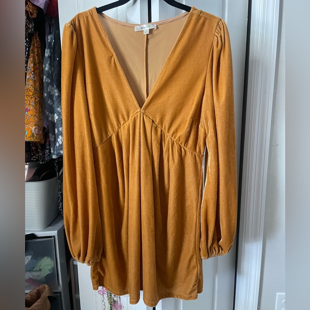 Gold Velvet Long Sleeve Mini Dress